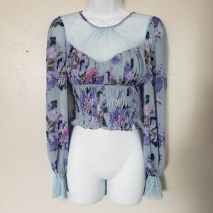 Free People Daphne XS Blue Silver Purple Long Sleeve Crop Top Lace Floral Blouse